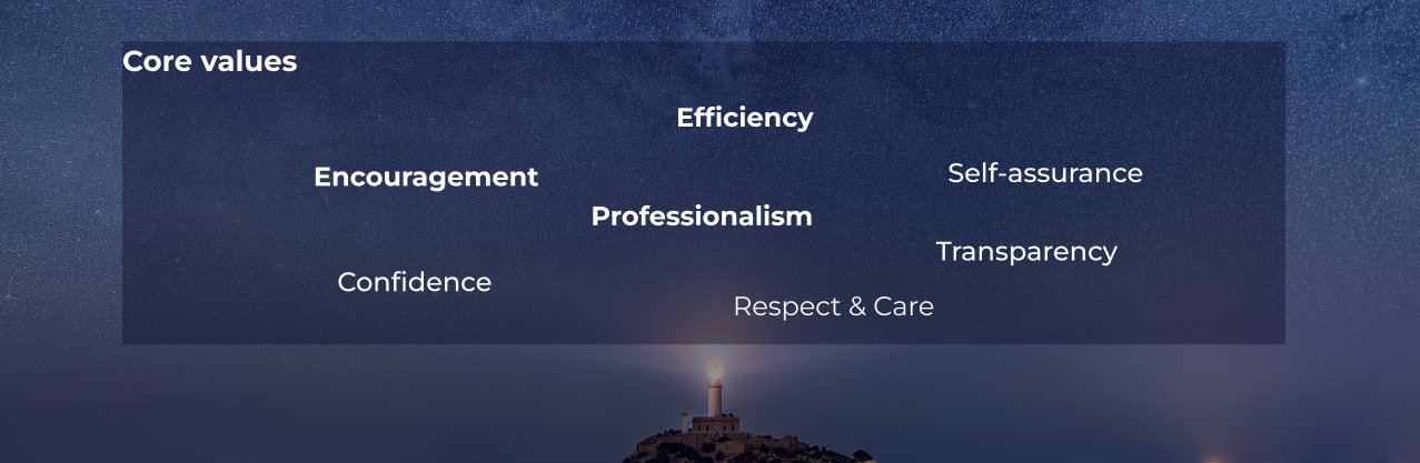 Efficiency Encouragement Self-assurance Professionalism Transparency Confidence Respect & Care